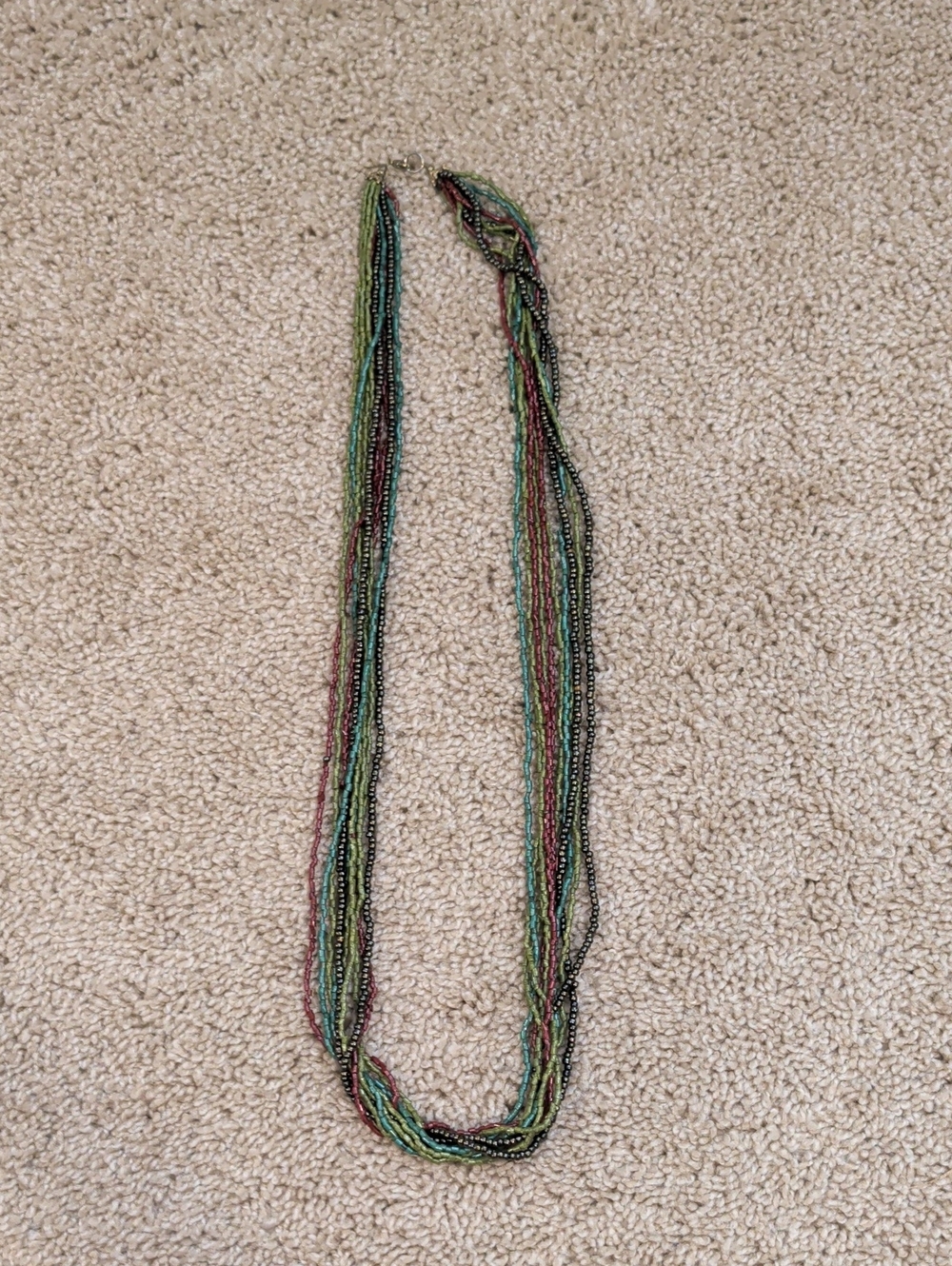 Multi-Strand Seed Bead Necklace in Green and Earth Tones
